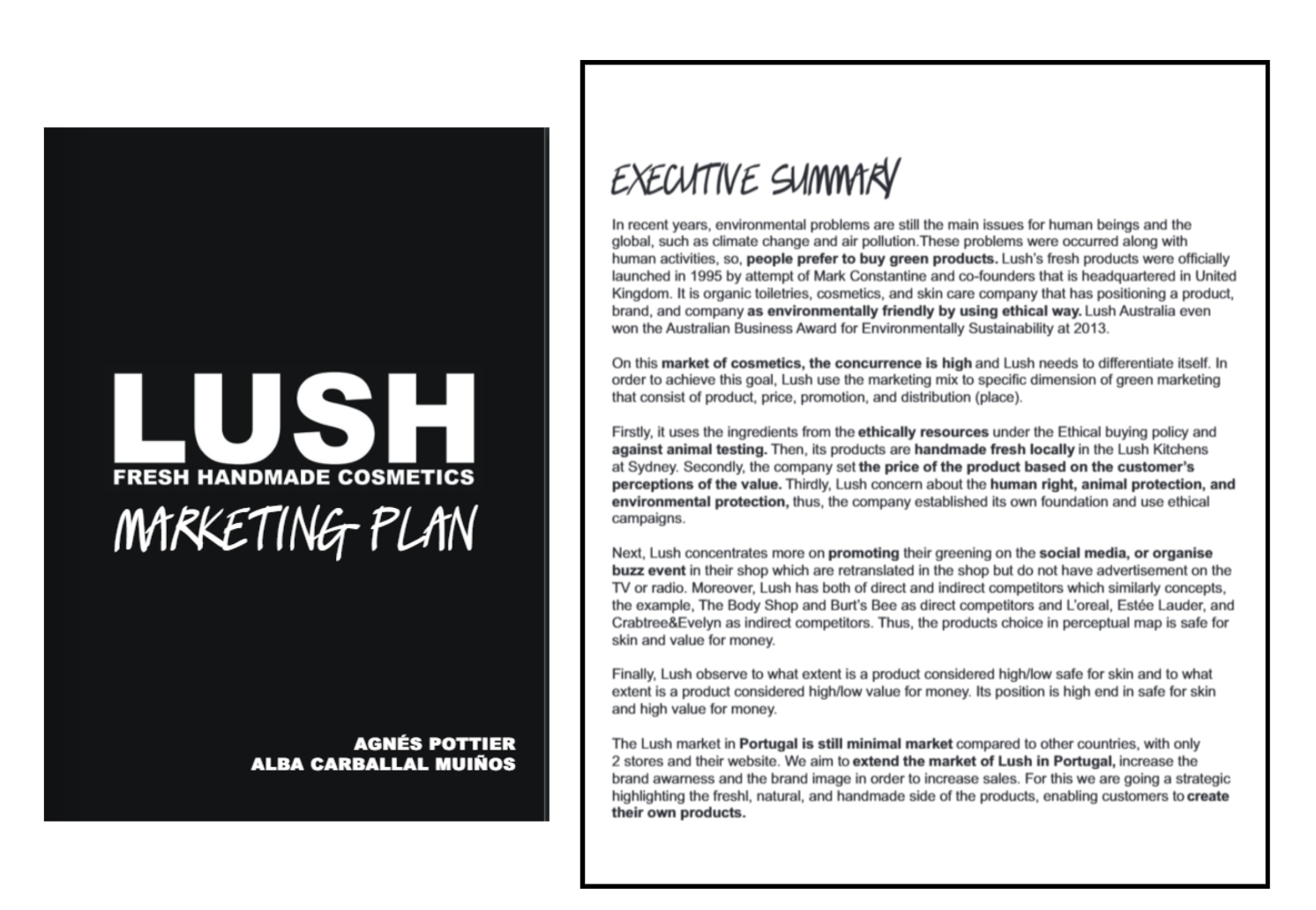 Lush cosmetics marketing plan executive summary highlighting their unique selling proposition and brand values